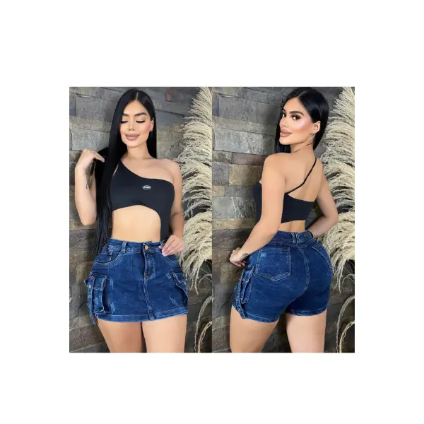 Colombian Falda Short, azul medio, celeste, gris, oscuro,bolsas tipo cargo high waist -1 button stretch- Push Up Effect for Women
