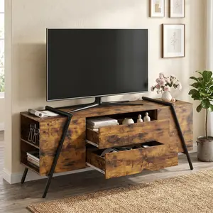 55 Inch Wooden TV Stand with 2 Drawers & Adjustable Shelf, Modern Entertainment Center with u-Shaped Metal Legs for 50-65 Inch TVs, Media Console for Living Room & Bedroom