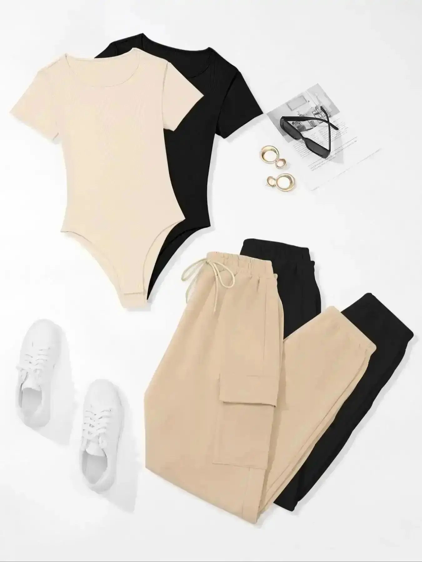 Versatile Basic Blouse, Pocket Pants Set, Casual Lady Short Sleeve Round Neck Bodysuit & Drawstring Waist Cargo Summer Clothes for Outdoor Holiday Daily, Basic Womenswear, Outfits Women, Loungewear Style, Minimalist
