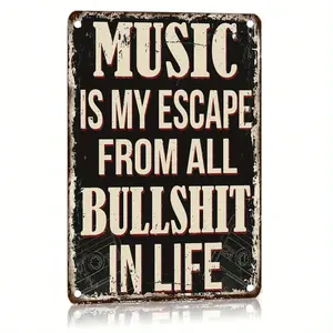 12x8 Inch Music-Themed Metal Wall Sign – "Music Is My Escape From All In Life" Vintage Metal Decoration for Bar, Cafe, Bedroom & Man Cave