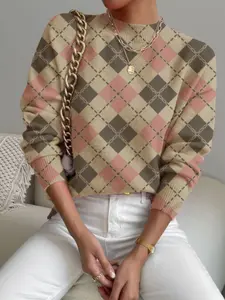 Women's Stylish Fashionable Sweater with Checkered Geometric Print, Elegant High Neck Long Sleeve Fitted Design for All Seasons, Cozy and Versatile Knitwear Tops