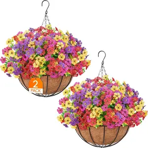 Artificial Hanging Flowers Plants Basket for Outdoors Indoor, Artificial Hanging Baskets, 2 Set Faux Silk White Yellow Purple Fuchsia Red Pink Morning Glory Fake Eucalyptus Planters Spring Summer Home Garden Patio Decor