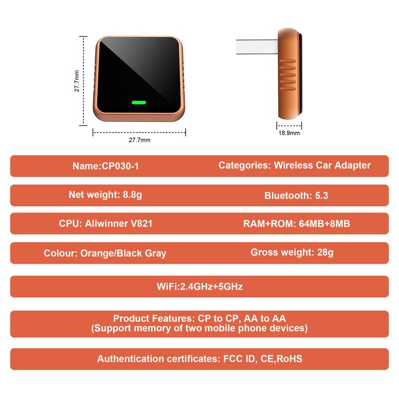 2026 Wireless CarPlay Adapter for iPhone & Android Fast Connection Zero Latency Hands-Free Calling & Charging Compact Orange Design