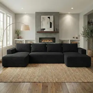133'' Cloud Couch U-Shaped Sectional Sofa, Modular Boneless Couches for Living Room, Corduroy Deep Seat Sofa with Double Chaise Lounges and Cup Holder, 30D High-Resilience Foam, No Assembly, Black