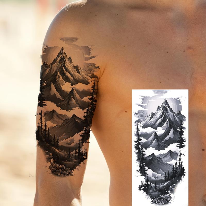 Realistic Temporary Tattoos Pre-Packaged Set (6 Stickers: 3 Fixed Items, 3 Assorted Random Designs) - Durable Waterproof Black & Brown Mountain Forest Landscape Fake Tattoos for Women, Men - Arm, Thigh Placement, Assorted Temporary Tattoos