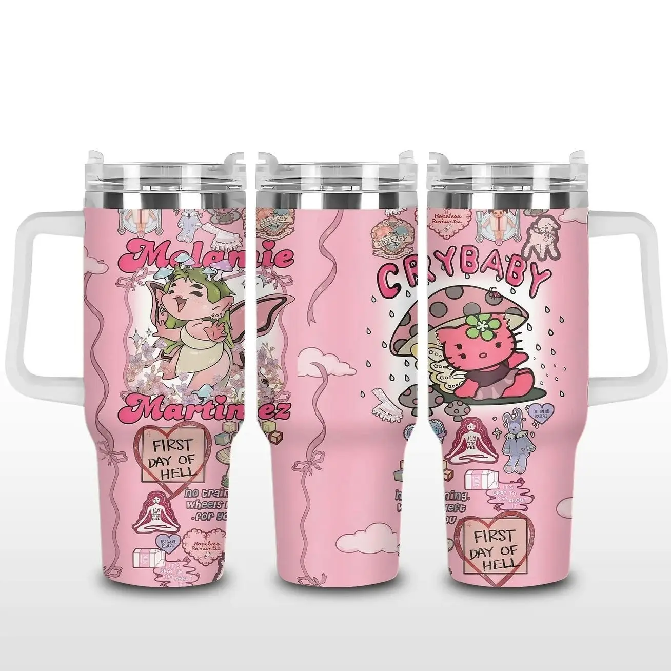 Melanie Martinez Crybaby Aesthetic Tumbler 40oz & 20oz, Insulated Stainless Steel Travel Mug with Handle & Lid, Cute Pink Dollcore Design, Sad Girl Vibe Gift for Crybaby Fans
