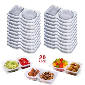 Clear Condiment Container, 2 Compartments Condiment Container with Lid, Reusable Snack Container, Sauce Container for Travel, Office, Outdoor Camping, Kitchen