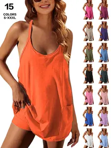 Womens Workout Romper Dress with Shorts Underneath Sleeveless Spaghetti Straps Athletic Outfits Casual Vacation