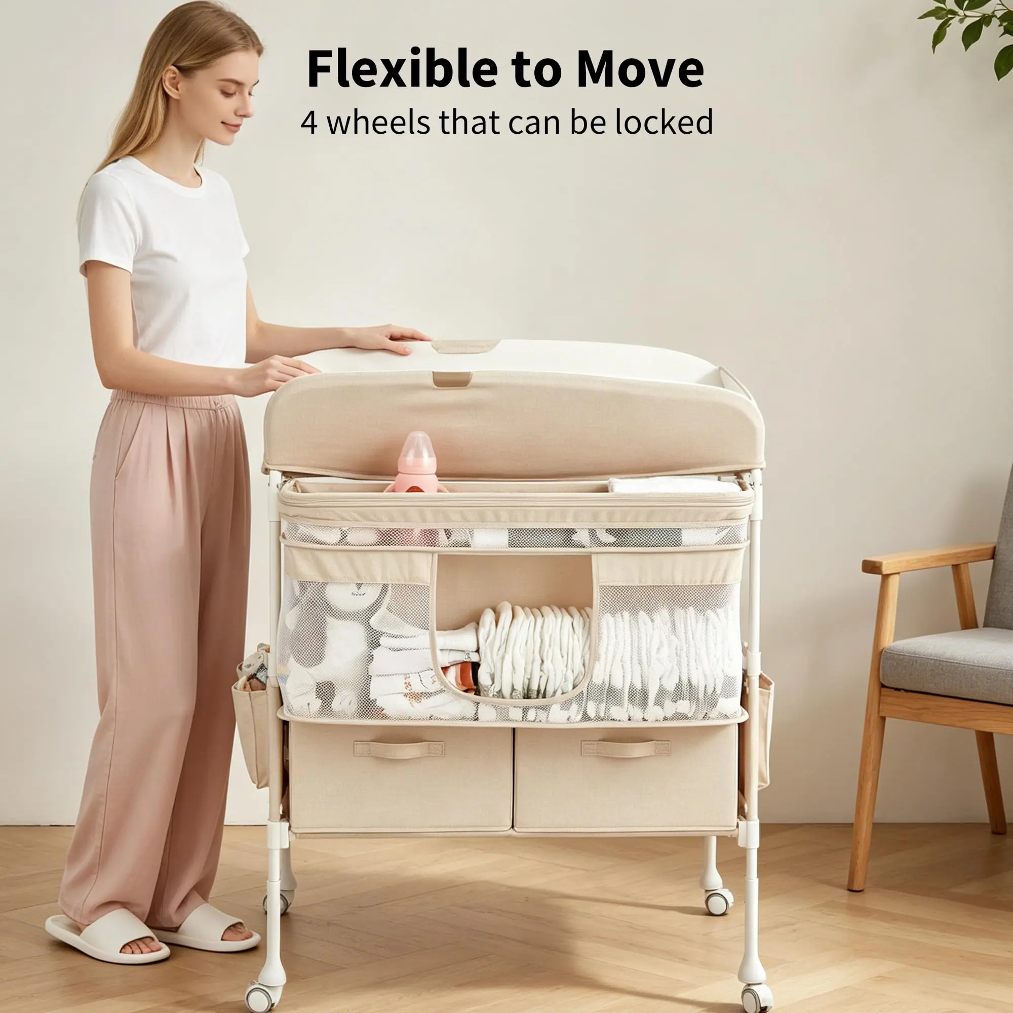 Collapsible Baby Changing Table with Wheels - Waterproof Portable Diaper Changing Station, Adjustable Height, Large Storage Drawers, CPSC Certified, Compact for Newborns