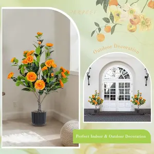 Artificial Camellia Tree 2 Pack 36Inch Faux Camellia Plant With Orange Flowers Greenery Potted For Indoor Outdoor Office Home Porch Decor