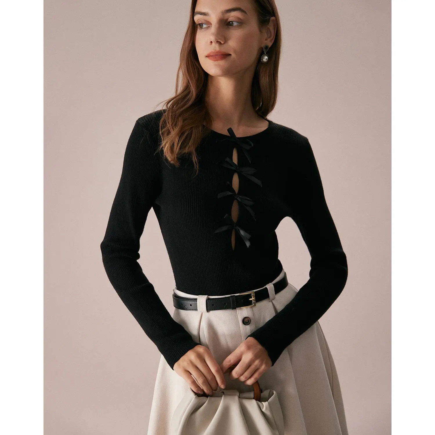 Rihoas Women's Black Boat Neck Long Sleeve Ribbed Knitwear Top Polyester Viscose Nylon Basic Moisture Wicking Fabric, Slim Fit Casual Warmer, Bowknot & Cutout Accents, Skirt Pairing Versatile Womenswear