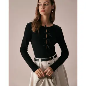 The Black Boat Neck Bowknot Front Knit Top