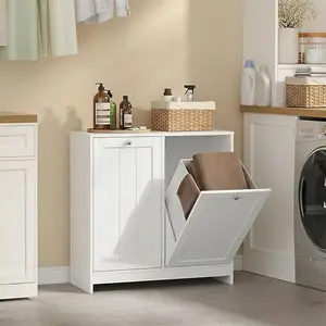 Oakault Tilt-Out 2-Compartment Laundry Hamper Cabinet, Modern Clothing Storage removable basket,Hamper Cabinet for Bathroom, LaundryRoom,Bedroom(White)