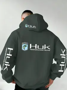 "huk" Letter Print Men's Hoodie, Long Sleeve, Soft Stretch Knit Fabric, Standard Fit, Casual Daily Wear, Four-Season Hooded Clothing, Fun Style, Essential for Young Adults