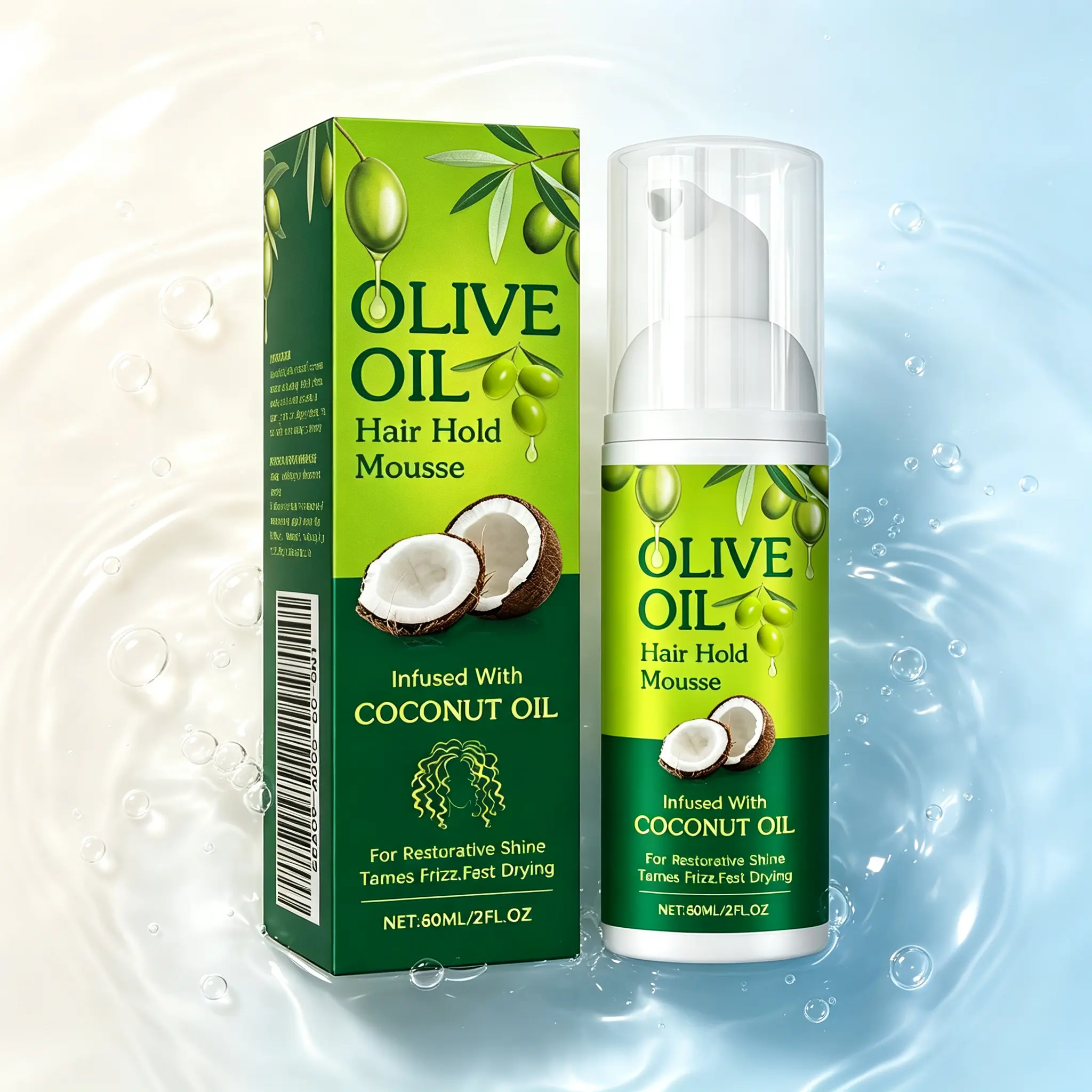 Olive Oil Hair Mousse 60ml – Frizz Control Styling Mousse with Olive & Coconut Oil for Smooth, Shiny Hair
