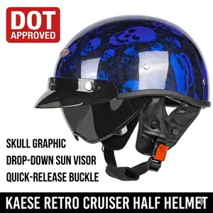 KAESE Retro Cruiser Half Helmet - DOT Approved Skull Graphic Motorcycle Helmet with Integrated Drop-Down Sun Visor