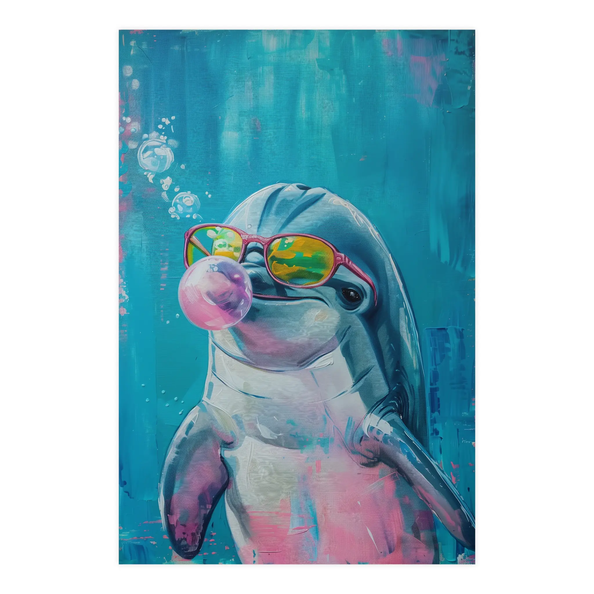 Dolphin Poster Print, Bubblegum Ocean Wall Art, Funny Sea Animal Pop Art Poster Decor