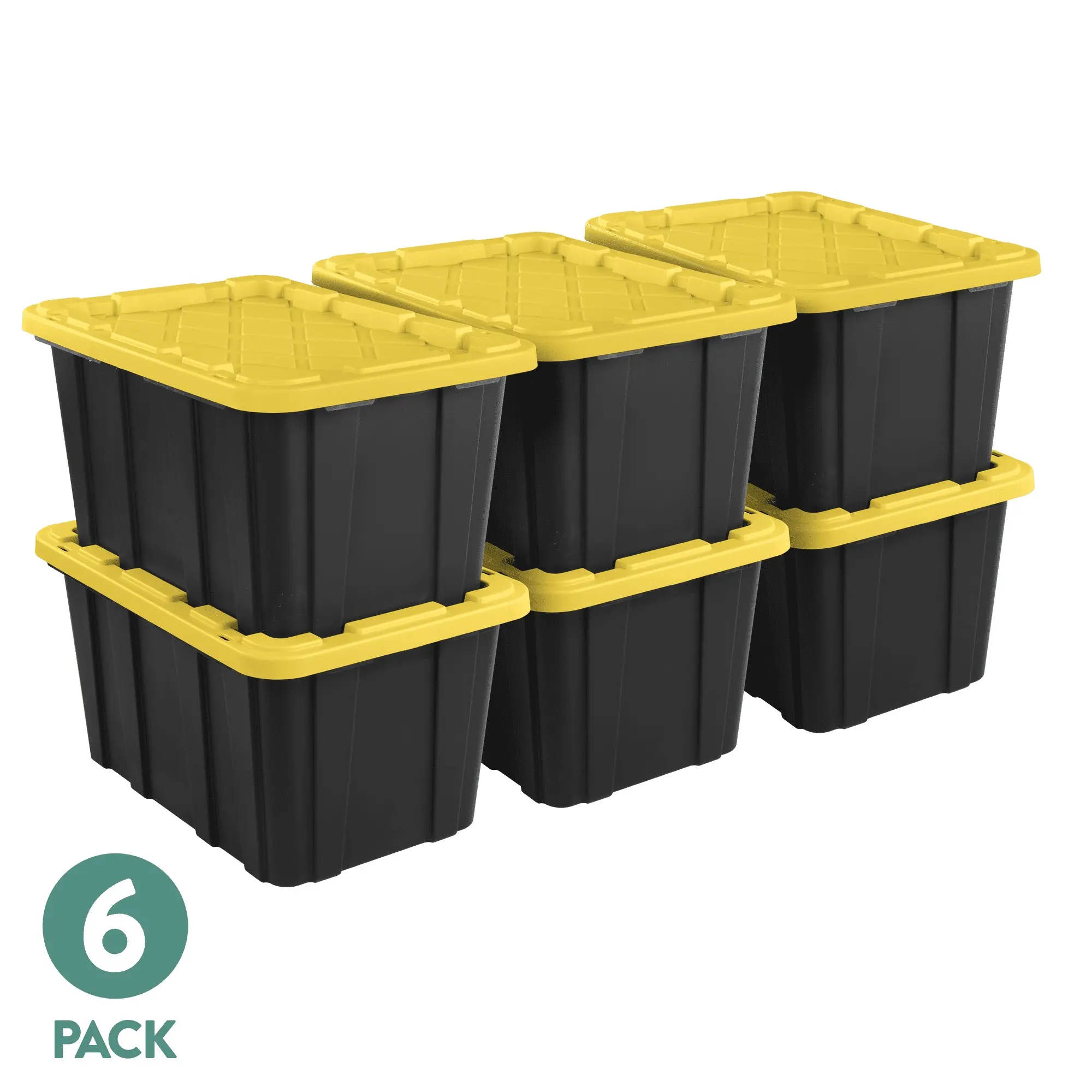Heavy Duty Garage Home Organizer 27 Gallon Tough Storage Tote Bin with Snap-On Yellow Lid, Durable Impact-Resistant Plastic, Stackable Multi-Pack Space-Saving Waterproof Utility Container (6 Pack)
