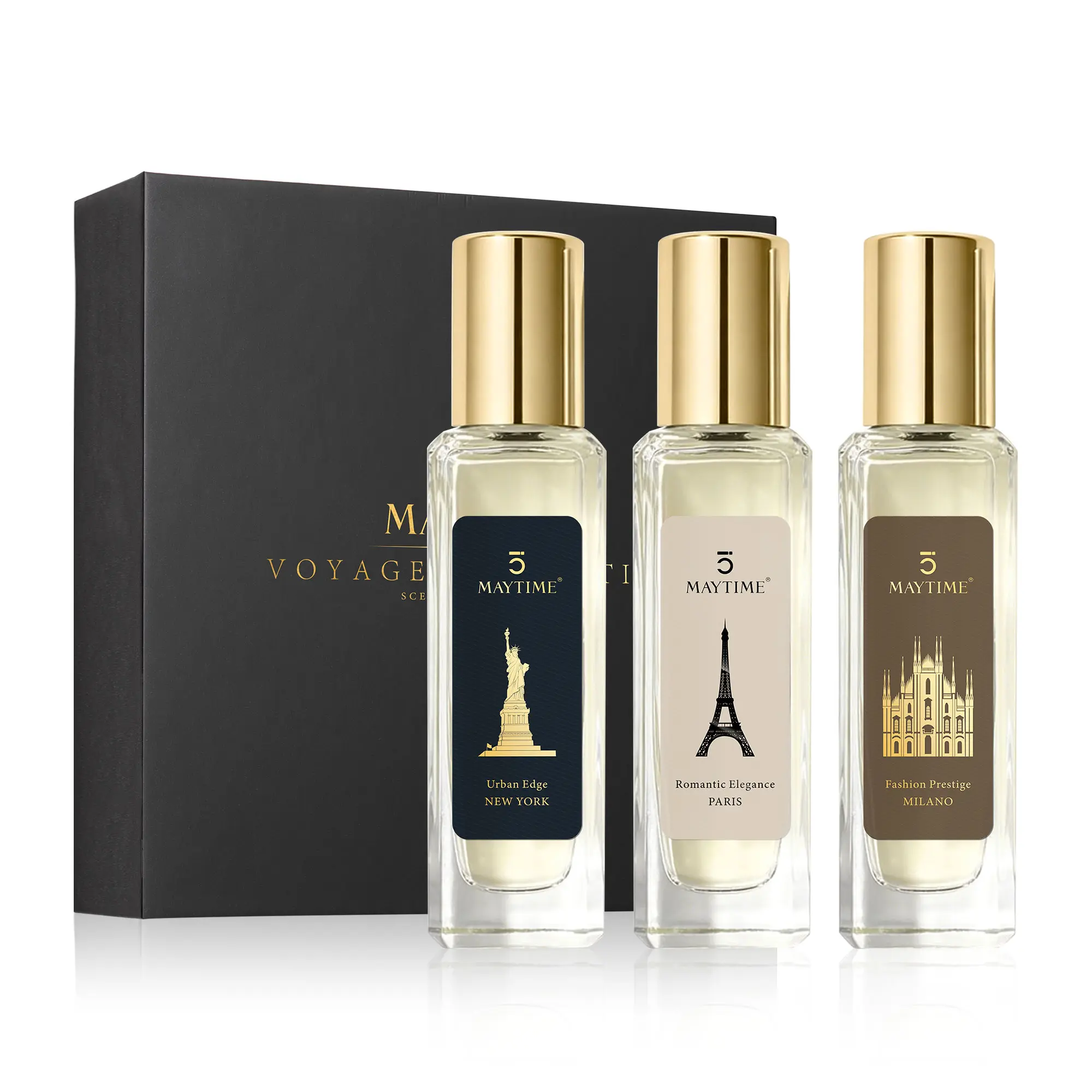 Maytime Summer Scented Journeys 3-Piece Unisex Fragrance Set (3×30ml) – Voyages Olfactifs Collection, Long-Lasting Eau de Parfum for Work, Dates & Nights, Woody Spicy & Fougere Scents Inspired by New York, Paris & Milano