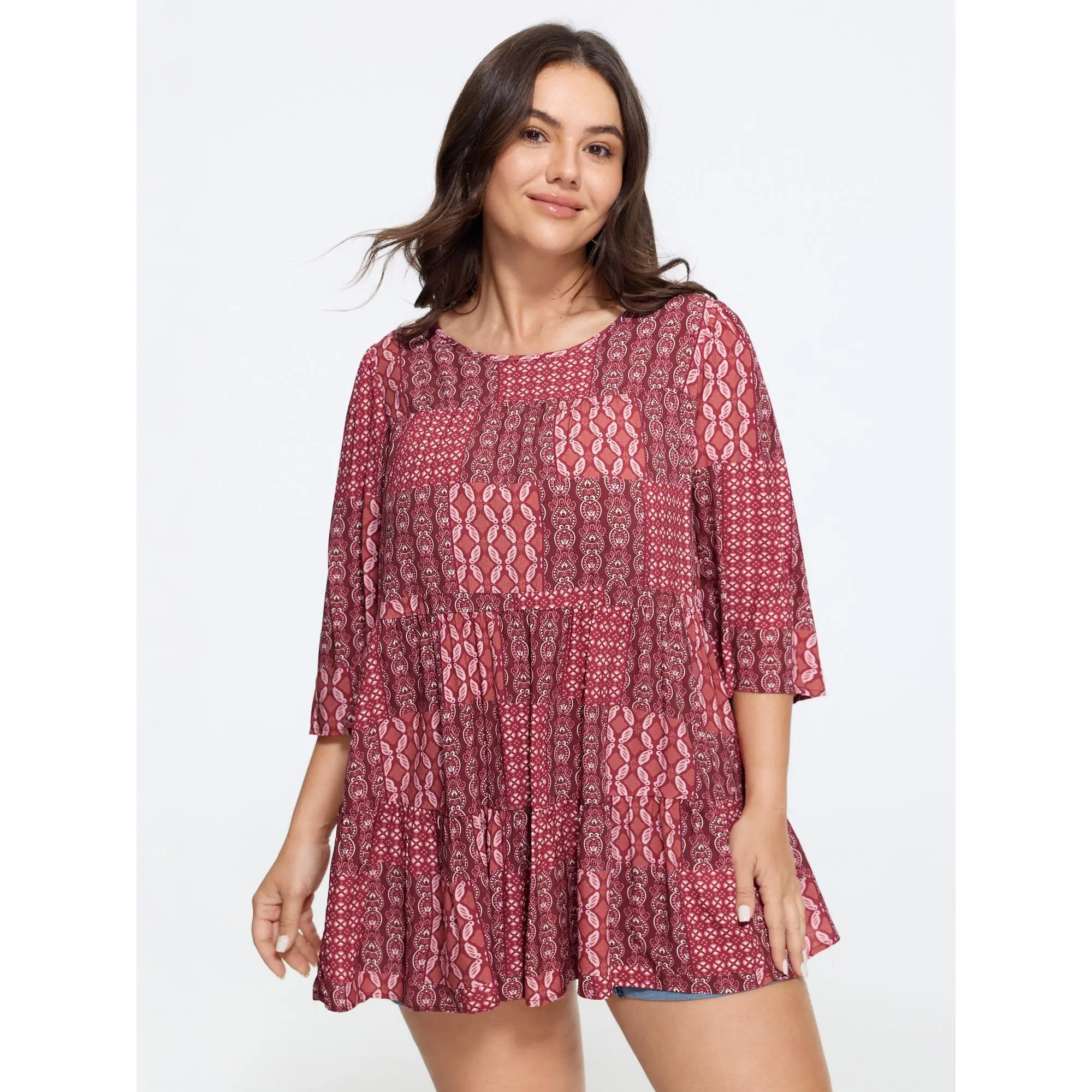 BLOOMCHIC Women's Plus Size Boho Paisley Print Round Neck Tiered Rayon Blouse with Pocket, Flattering Garment Fit [M-6X] Summer Finds, Boho Clothes For Women