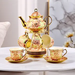 20 Pieces Large Red Flower-Painted Porcelain Tea Set with Metal Holder for Adults and Women, European Style for Home Use