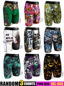 Men's Plus Size Long Briefs 1xl-6xl, Breathable Sports Fitness Underwear, Moisture Wicking, Halloween Spider Print, Elastic Waist, Quick Dry