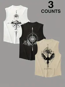 Men's Loose Fit Casual 3-Pack Compass Graphic Tank & Vest Tops | Soft, Breathable, Lightweight & Moisture-Wicking Fabric with Mountain & Compass Print | Sleeveless Workout Tank for Hiking, Camping & Outdoor Adventures