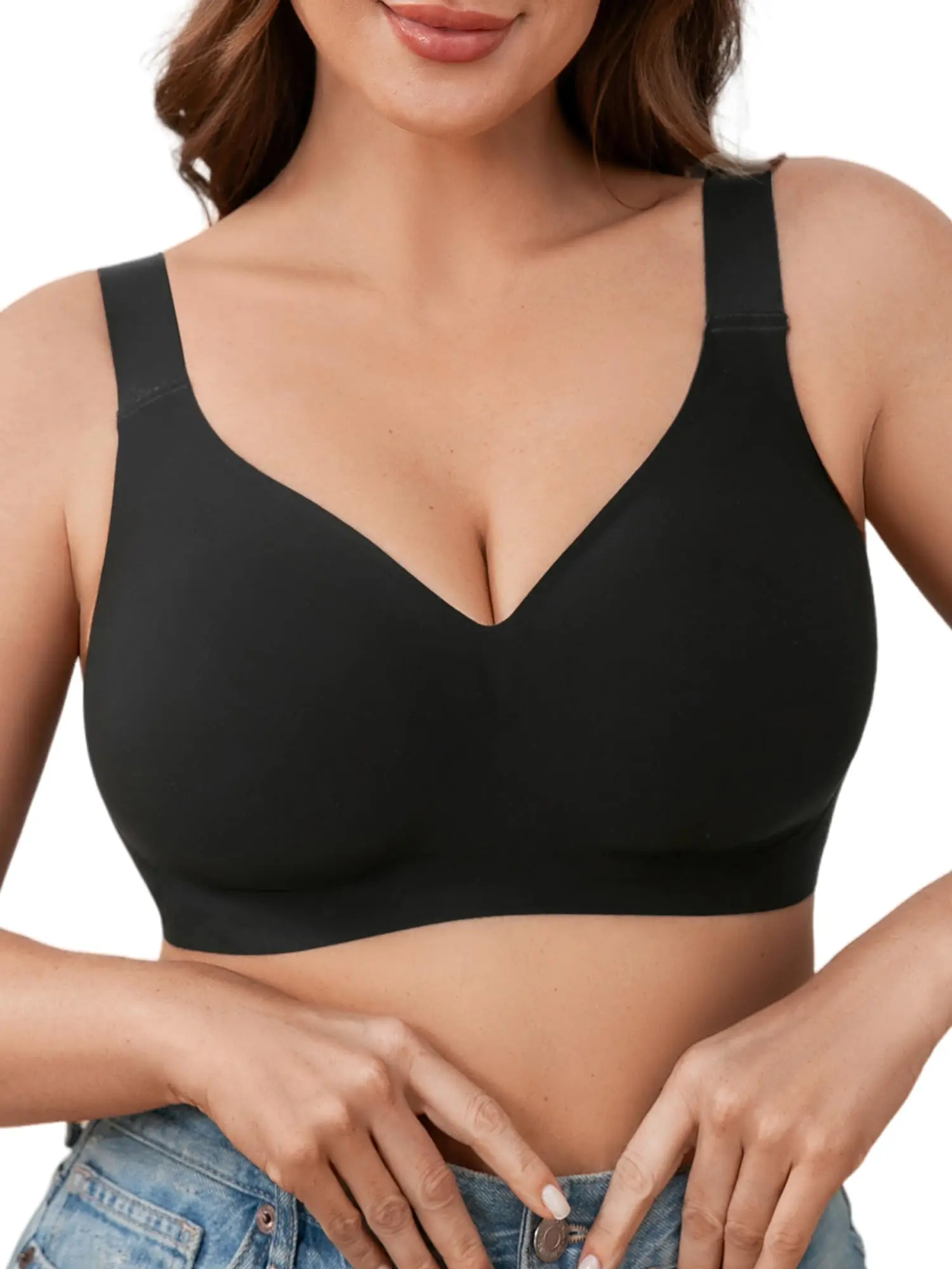 V Neck Wireless Seamless Support Bra, All Round Jelly Strip Strong Lift Gathered Wide Strap Single Bra Multi Color Optional