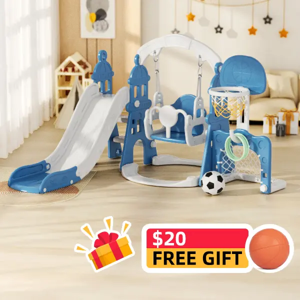 XJD 4-in-1 Playset - Toddler Slide and Swing Set with Basketball Hoop, Climbing Ladder, Easy Assembly, Enhanced Stability, Indoor-Outdoor Playground Equipment for Kids Age 1+