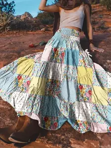 【Plus Size】 Patchwork Print Pocket Skirt, Casual Fashionable Long Skirt for Daily Wear, Women's Bottoms for All Seasons