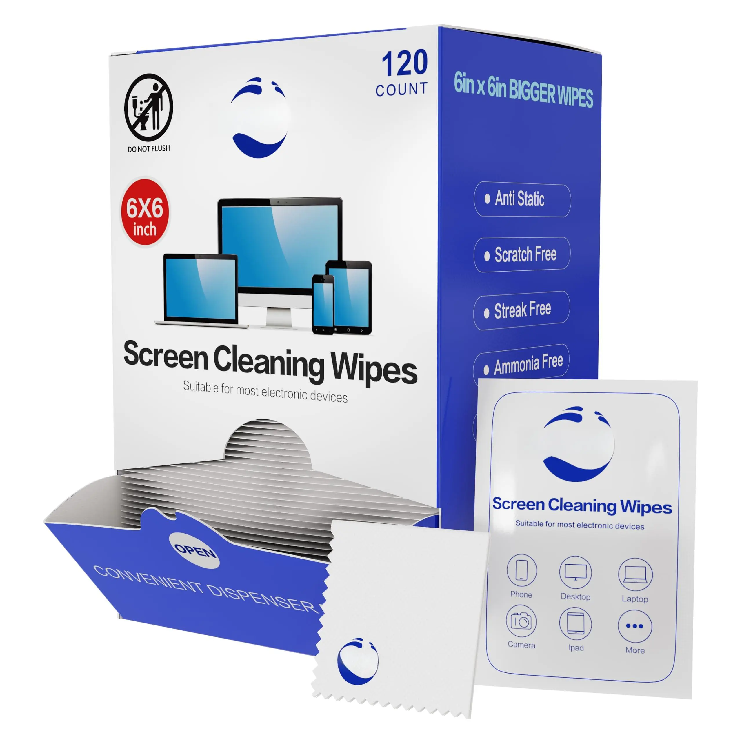 Screen Wipes For Electronics  120 Count 6"x6" Pre-moistened Cleaner Screens Computer Laptop Tablet Phone Monitor Car Lens Individually Wrapped