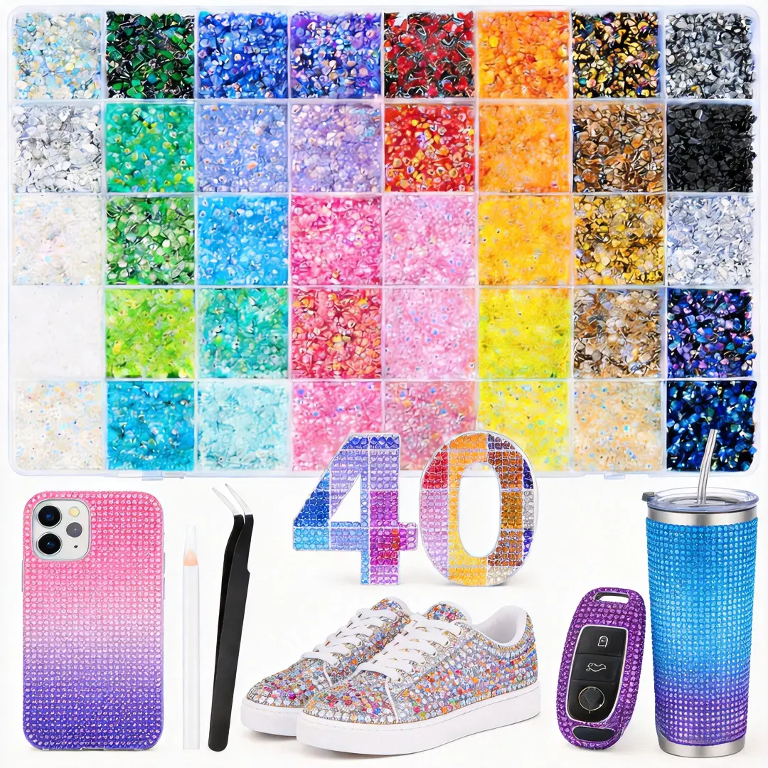 Glamorous Flatback Plastic Jelly Rhinestones Kit - 40,000 Pcs 3mm Glossy Shine Resin Crystals in 40 Colors for Nail Art, Crafts (Ideal for Beginner or Pro Nail Art Enthusiasts), Large Pack, Resin Beads, 40 Dazzling Shades, Nail Art Kits