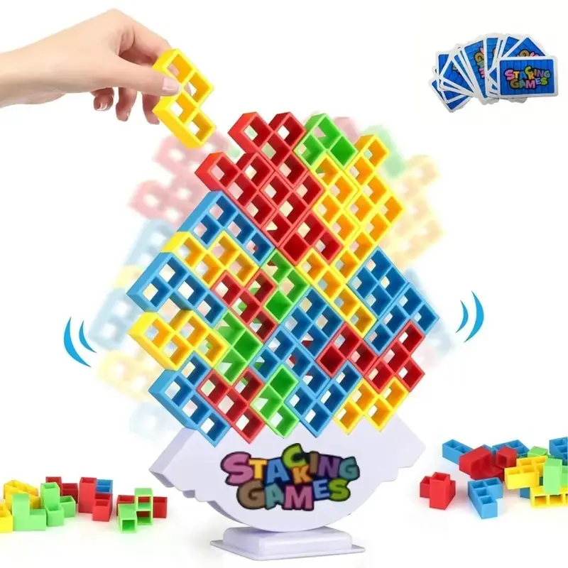 Stacking Game 48/64pcs Tetra Tower Balance Blocks Puzzle Board Games for 2 Players Family Parties Kids & Adults Team Building Toy Magic Cubes with Colorful Blocks Ideal for All Ages
