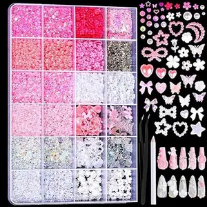 24 Grid Flat Back Pearls and Rhinestones for Dazzling Kit, Clear White Pink Pearls Flatback Resin Jelly Rhinestones,Flower 3D Nail Charms and Gems for Crafting Rhinestone for Crafts
