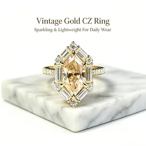 Art Deco Style Marquise-Cut Synthetic Zircon Statement Ring: An eye-catching engagement ring featuring a unique elongated step-cut halo setting—vintage and glamorous bridal jewelry.