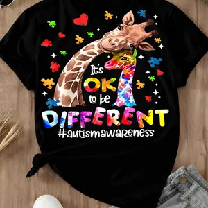 Giraffe With Puzzle Pieces And Hearts Print Ok To Be Different Autism Awareness T Shirt  Casual Loose Fit Women's Top For Everyday Wear And Special Occasions