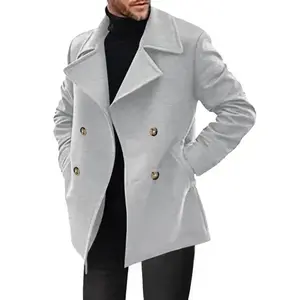Men's Double Breasted Pea Coat Winter Overcoat Short Trench Coat Notched Collar