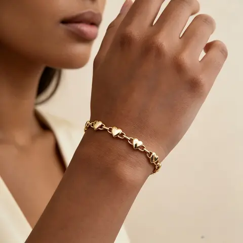 Women's Gold-Plated Puffy Heart Link Chain Bracelet - Polished Solid Hearts, Gold-Tone Metallic Jewelry for Women, Trendy Minimalist Gifts for Anniversary Daily Wear, Accessories For Women