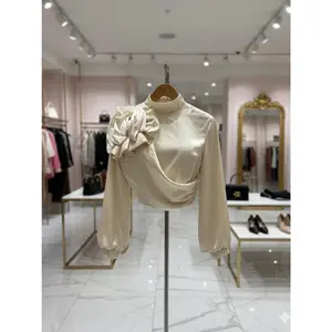 Elegant Cream Satin 3D Flower Crop Blouse | High Neck Draped Statement Top