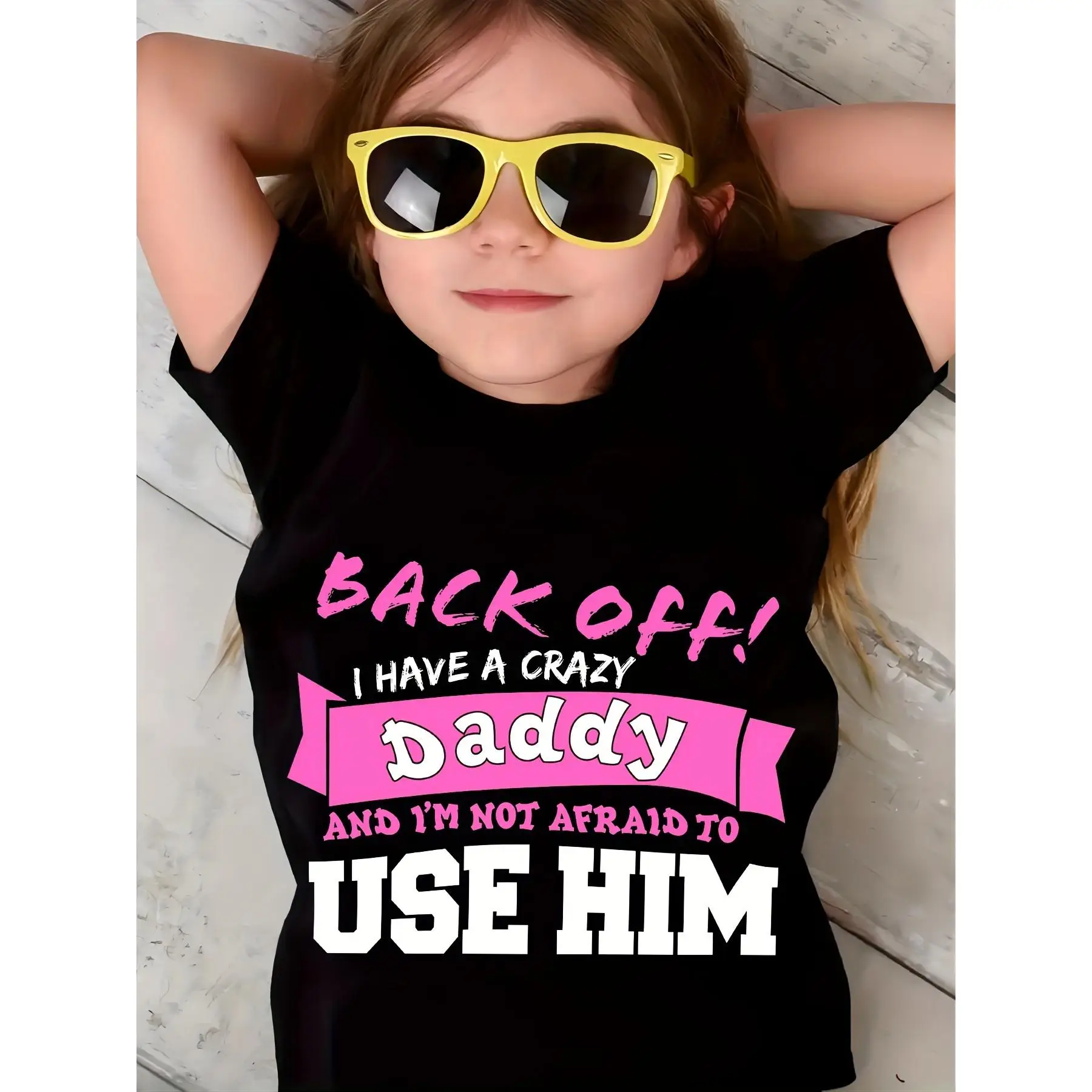 Adorable 100% Cotton Girls' Short Sleeve T-Shirt with Playful "I HAVE A CRAZY DADDY" Message - Perfect Summer Gift, Comfortable Round Neck Design, Shi