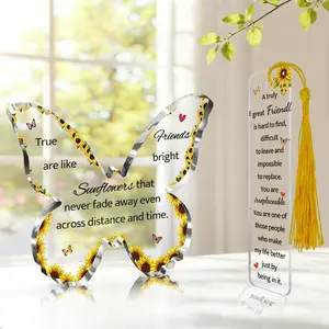 1pc Friendship Theme Gift,"True Friends Are Like Bright Sunflowers"Butterfly Shape Acrylic Desk Decor Bookmark Set,Reading Gift For Friends And Besties,Gifts For Women,Suitable For Office Decor,Room Decor,Home Decor,Bedroom Decor,Office Supplies