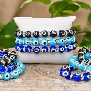 Down To Earth Evil Eye Bracelet for Protection Energy Shield Negativity Intuition Aura Cleansing Grounding and Abundance Gemstone Stretch Bracelet for Women Light Blue Color
