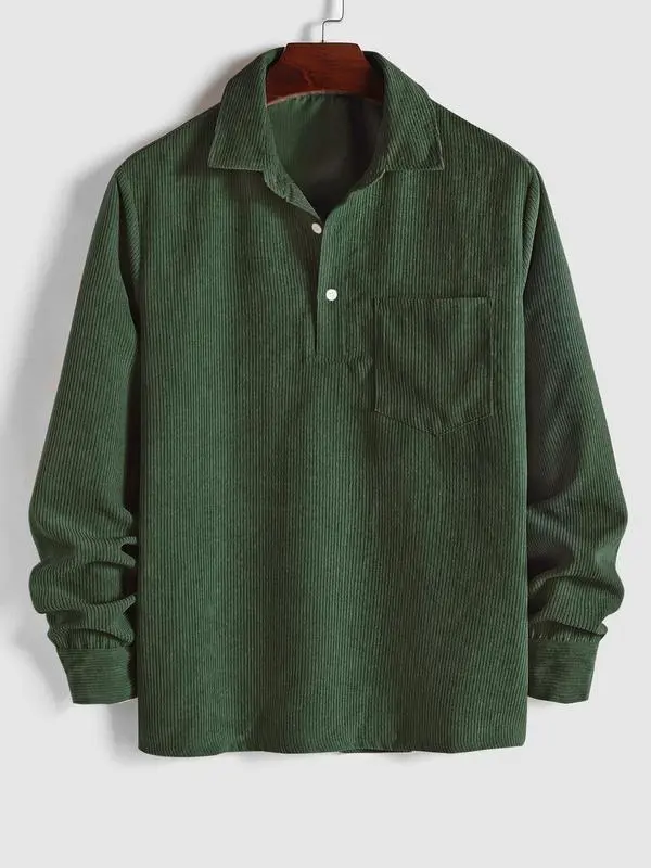 Men's Corduroy Shirt with Pocket Half Button Casual Long Sleeve Collared Regular Fit Comfy Top for Fall & Winter