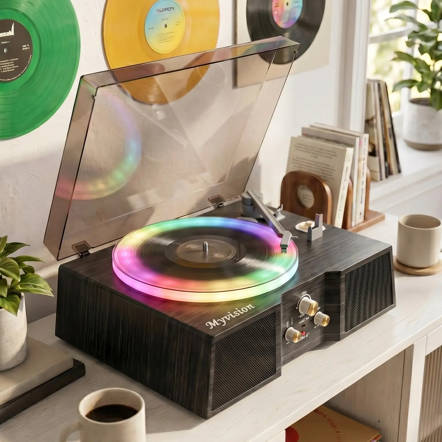 Myvision RGB Music Vinyl Record Player - 3-Speed Bluetooth Portable Turntable with FM Radio, Rechargeable Battery, High-Power Stereo Speakers, Subwoofer, RCA Line Out, AUX In, Headphone Jack, Adaptor, Supports 33-1/3, 45, 78 RPM & 7, 10, 12-in Discs