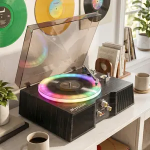 Myvision RGB Vinyl Record Player - 3-Speed Bluetooth Portable Turntable with FM Radio, Rechargeable Battery, High-Power Stereo Speakers, Subwoofer, RCA Line Out, AUX In, Headphone Jacks, Supports 33-1/3, 45, 78 RPM & 7, 10, 12-in Records, Music Vinyl
