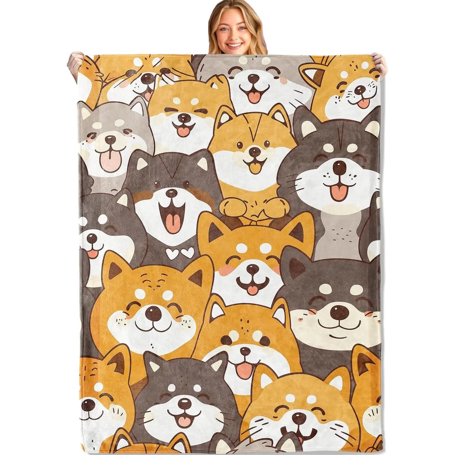 Cute Shiba Inu Cartoon Character Throw Blanket - 50x60in Wrinkle Resistant Ultra Soft Flannel, Lightweight Cozy, Gifts for Adults & Grandparents Birthday, for Couch Home Living Room Decor