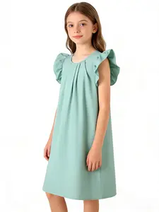 Summer Girls' Sweet Cottagecore Solid Colored Dress, Round Neck Sleeveless Design, Pure Color Cute Style, Perfect for Daily Wear & Playtime