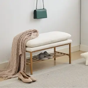End of Bed Bench with Shelf Linen Upholstered Storage Shoe Bench Modern Bedroom Bench with Metal Legs for Living Room Entryway Dining Room 300 LB Linen Color Beige