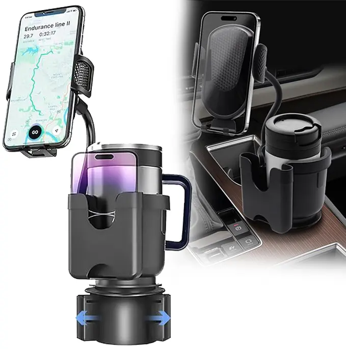 3 in 1 Car Cup Holder Expander with Phone Mount, 360° Rotation [Super Stable & No Shaking] Upgraded Thick Gooseneck Cup Holder Car Mount, Slots for Placing Cards and Mobile Phones,for All Smartphone