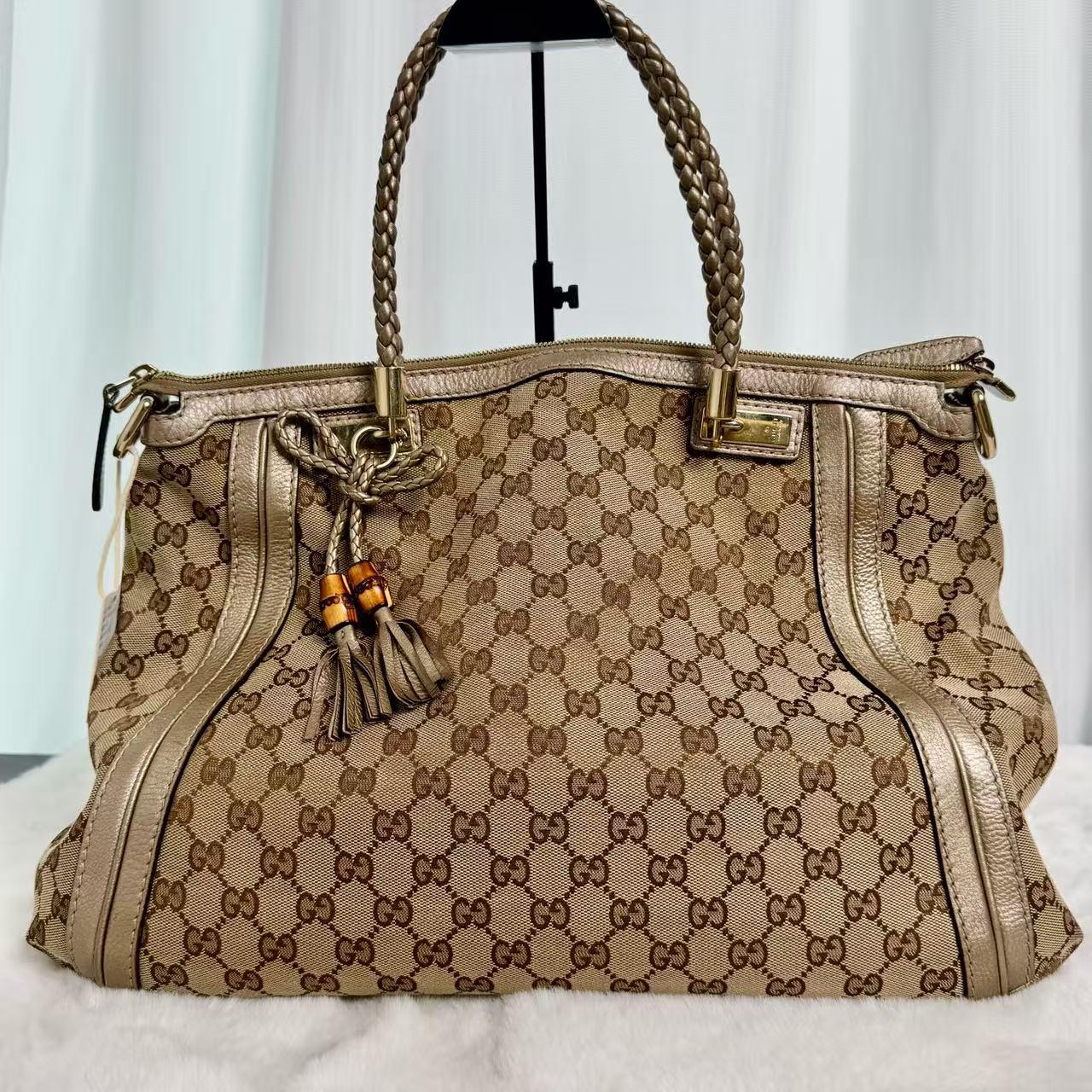 Pre-owned GUCCI Bella GG Monogram Metallic Pebbled Leather Bamboo Tassel Tote Bag|20730718